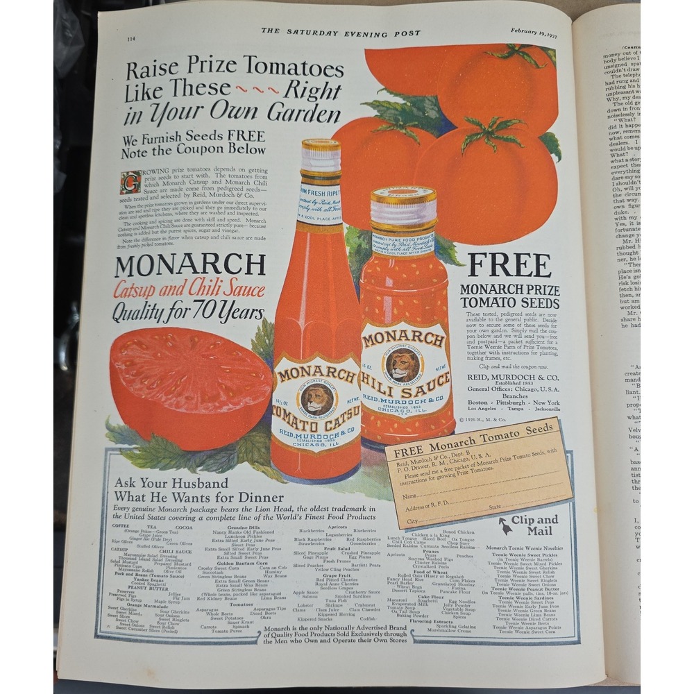 Monarch Ketchup Chili Sauce Tomato Prize Seeds Vintage Advertisement 1927